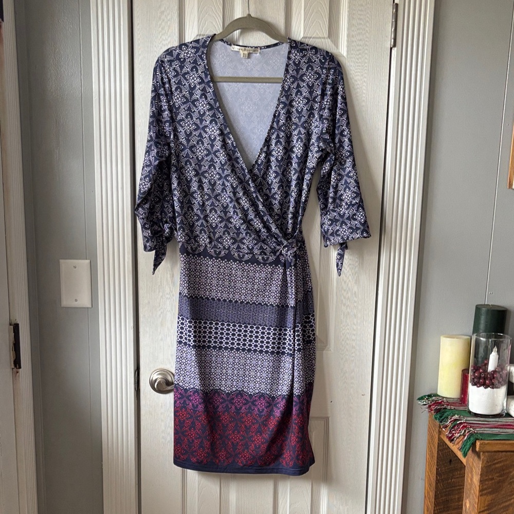 Uttam London Navy and Burgundy Long Sleeve Dress
